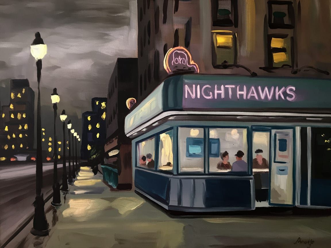 Quiet City Night Scene in Neon Lit Diner Style