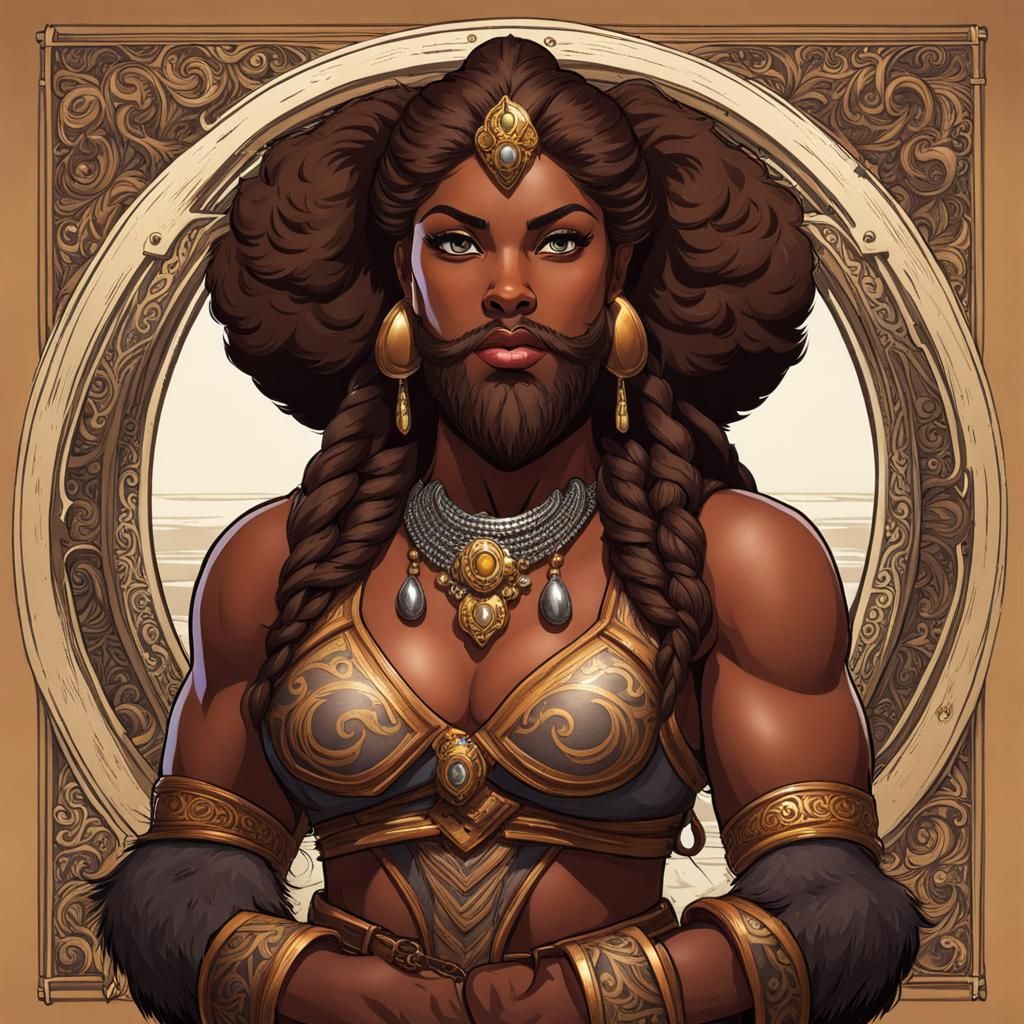 Muscular Brown-Skinned Female Dwarf with Beard