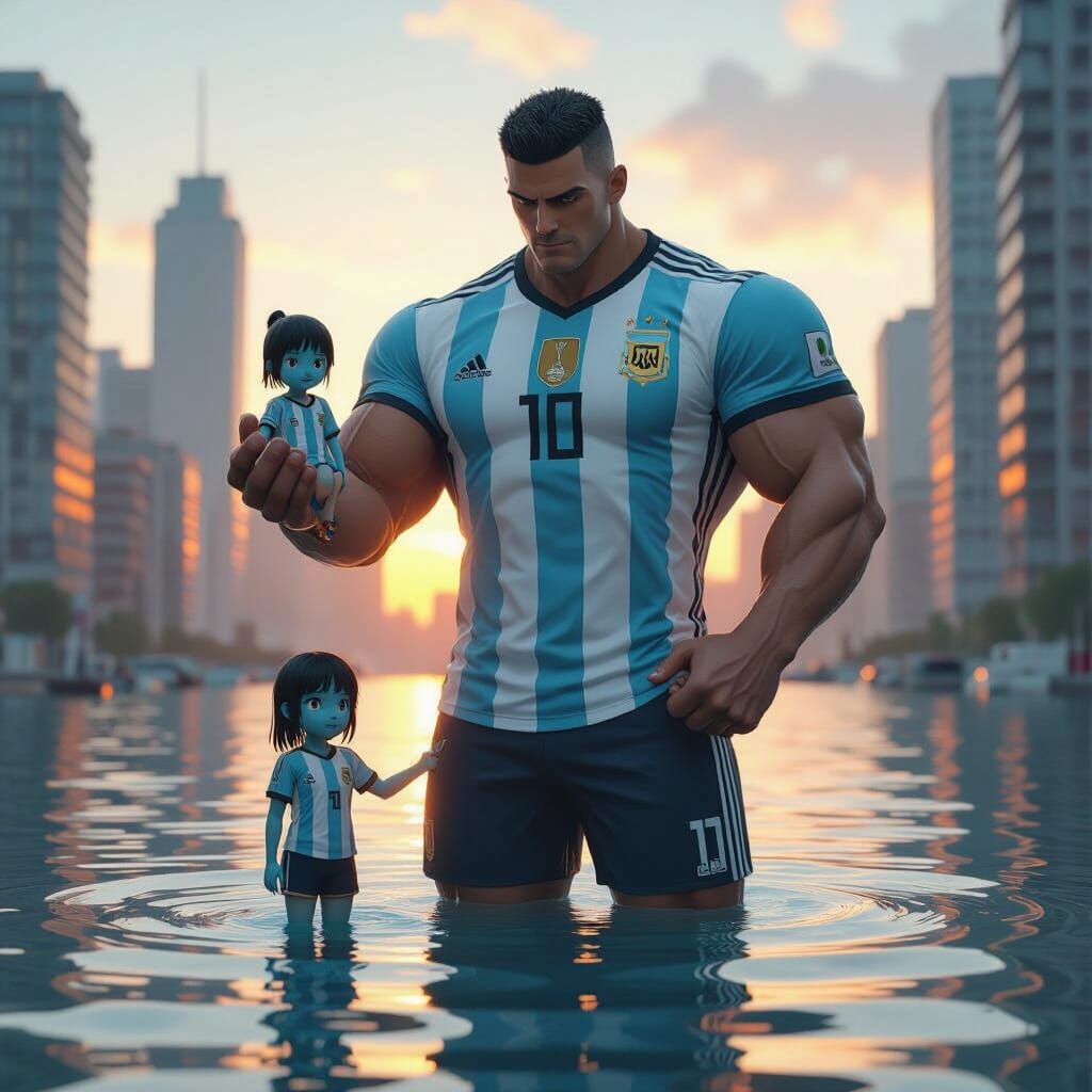 Muscular Man Holds Girl in Flooded City