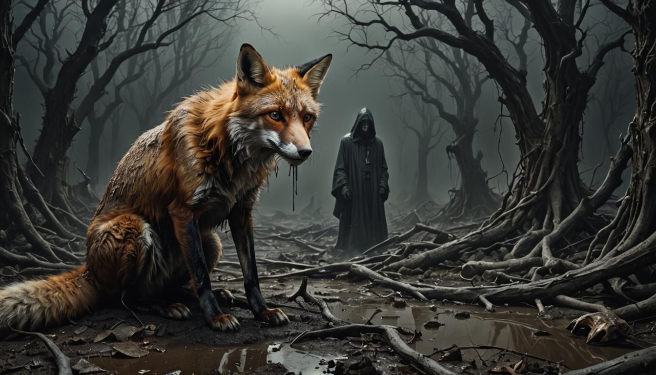 Rotting Fox Gazes at Grim Reaper, Surreal Oil Painting