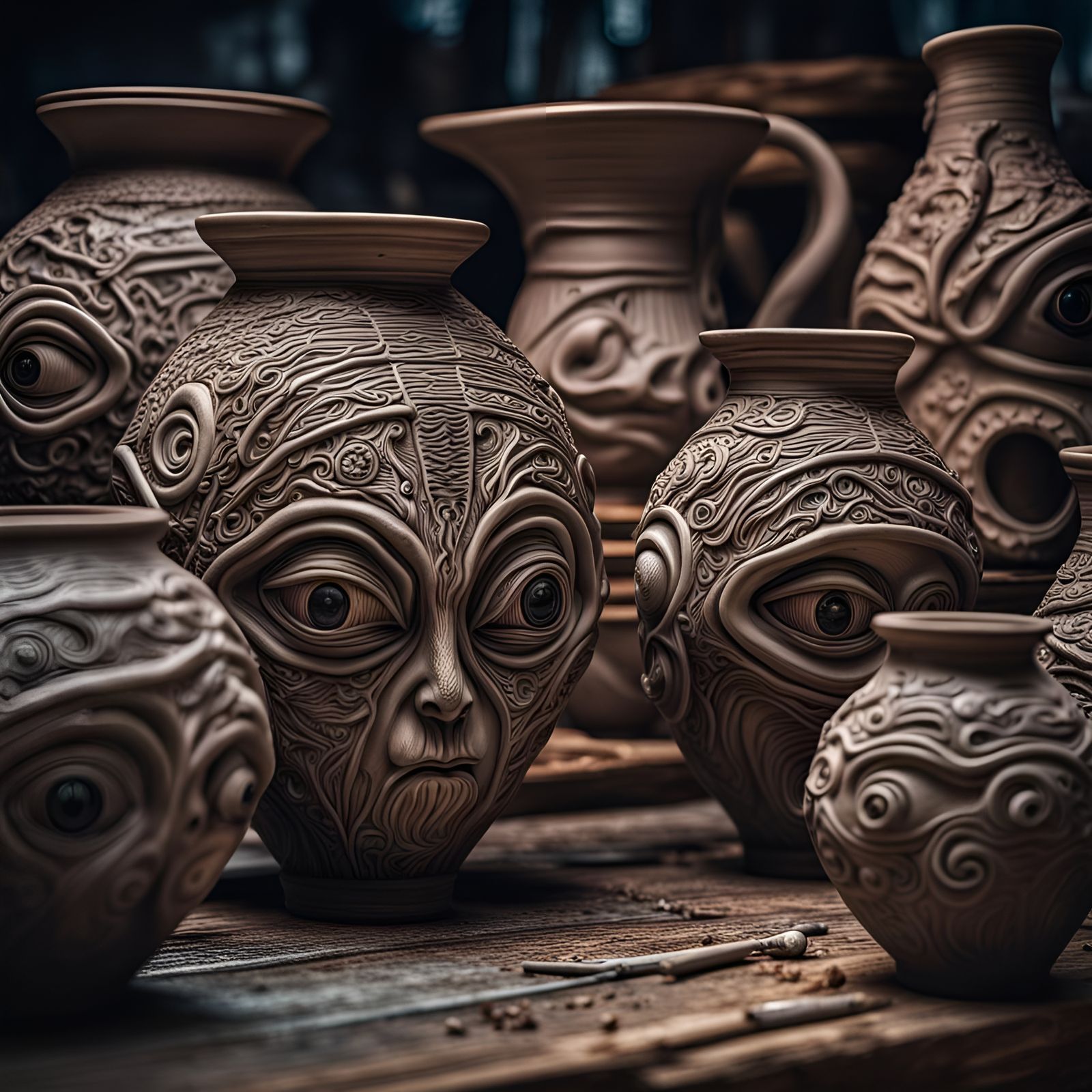 Hyperrealistic Alien Clay Pottery in HDR