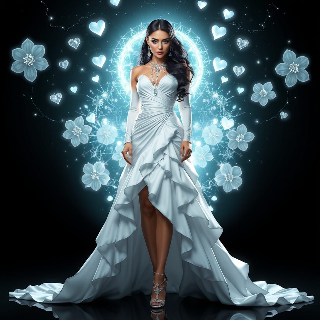 Ethereal Goddess in Whimsical White Gown with Radiant Flower...