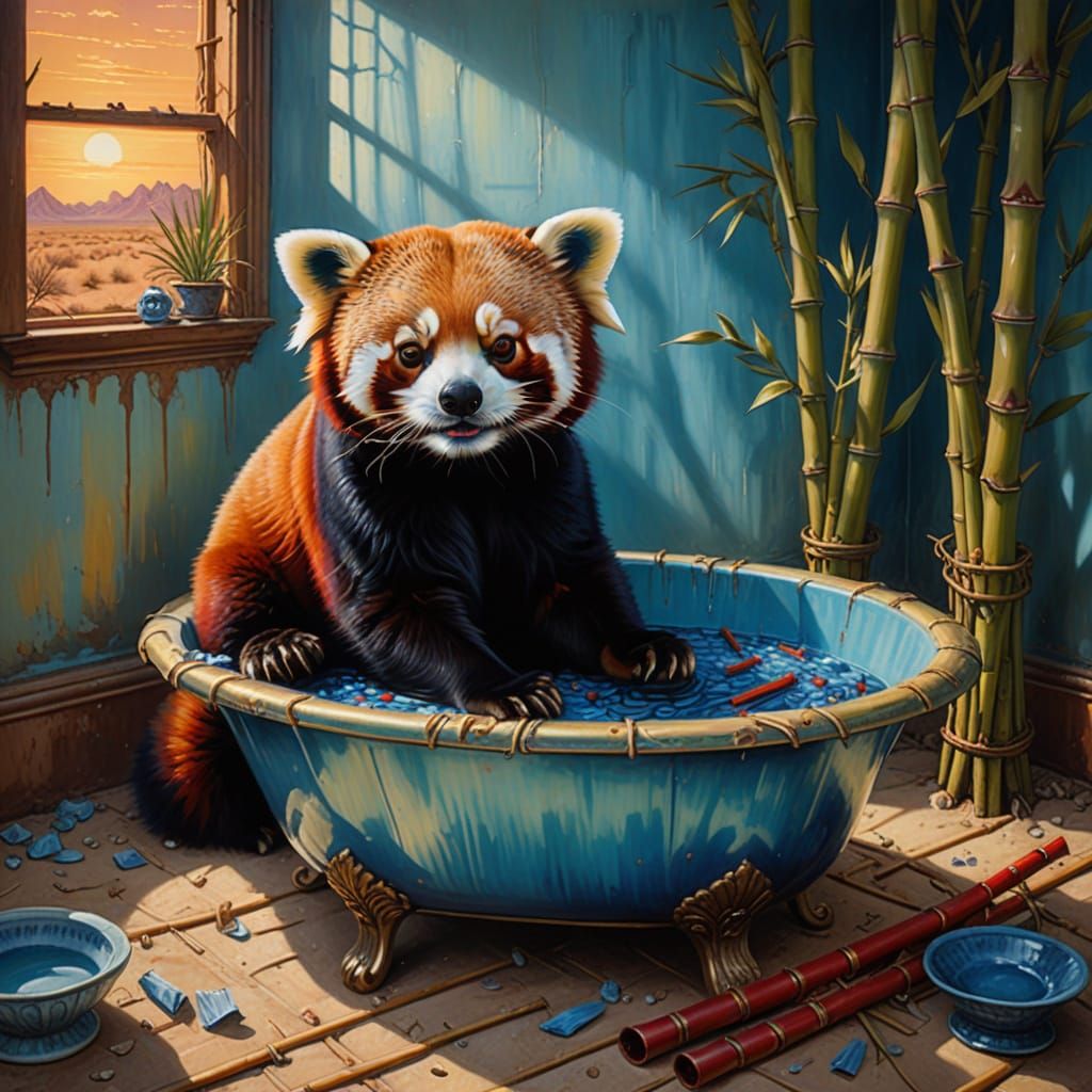 Surreal Red Panda Eats Blue Bamboo in Desert Bathtub