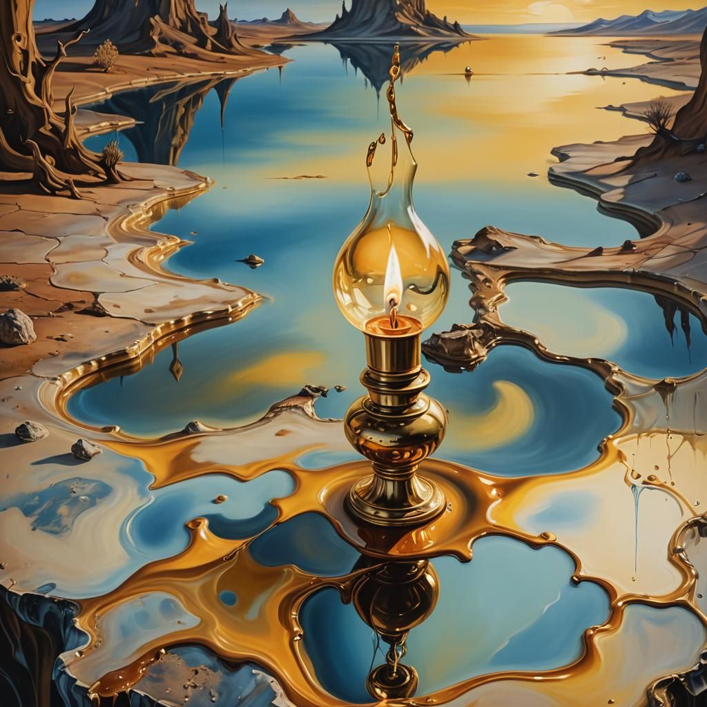 Surreal Melting Oil Lamp in Dreamlike Landscape