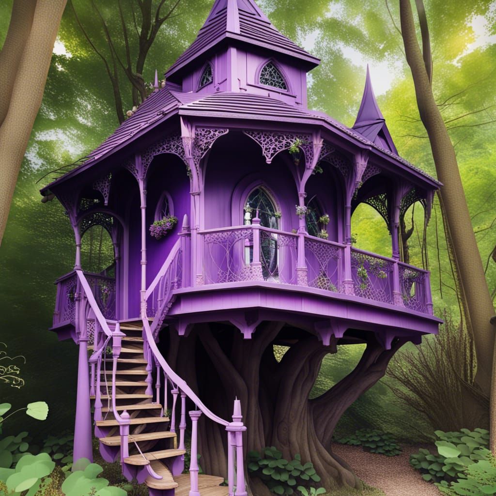 Legendary dreamy gothic purple treehouse with purple blossom...