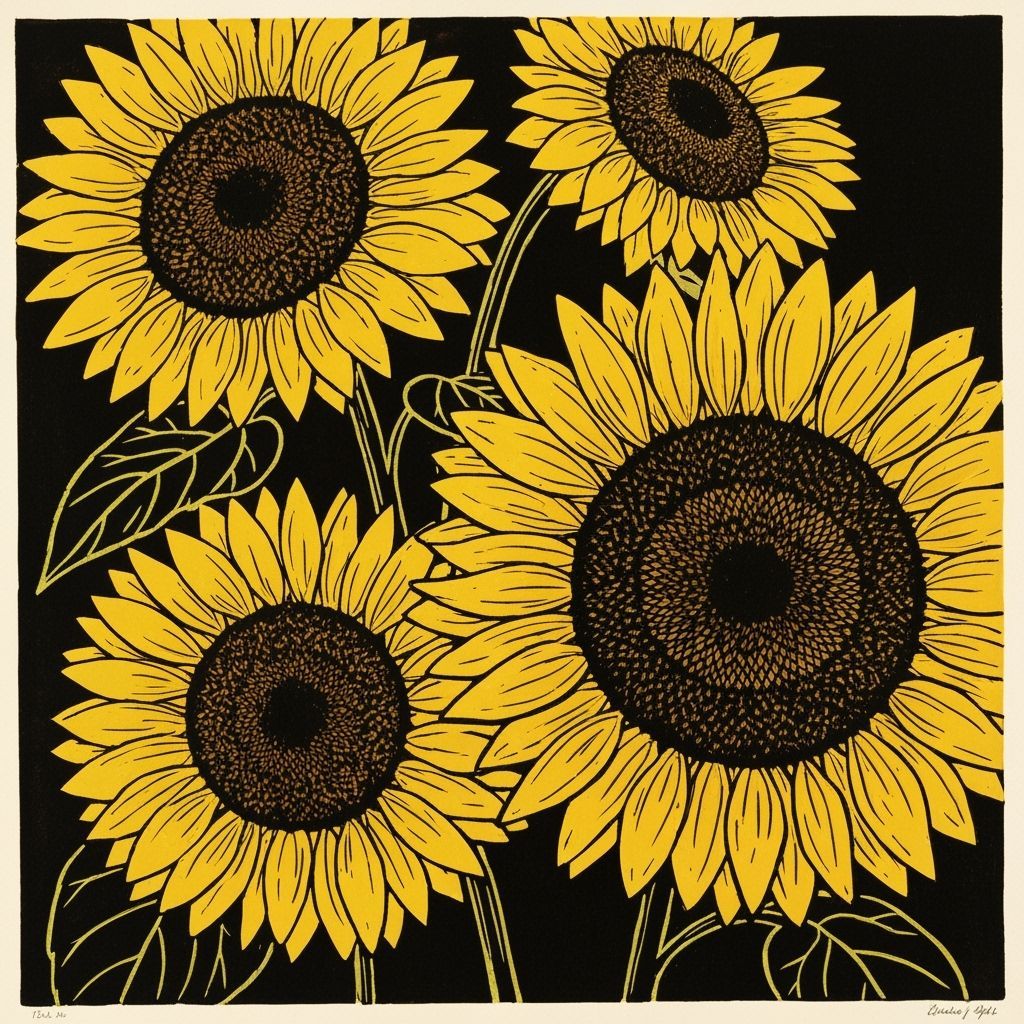 Bold Reduction Lino Cut Sunflowers in Yellow, Brown, and Bla...