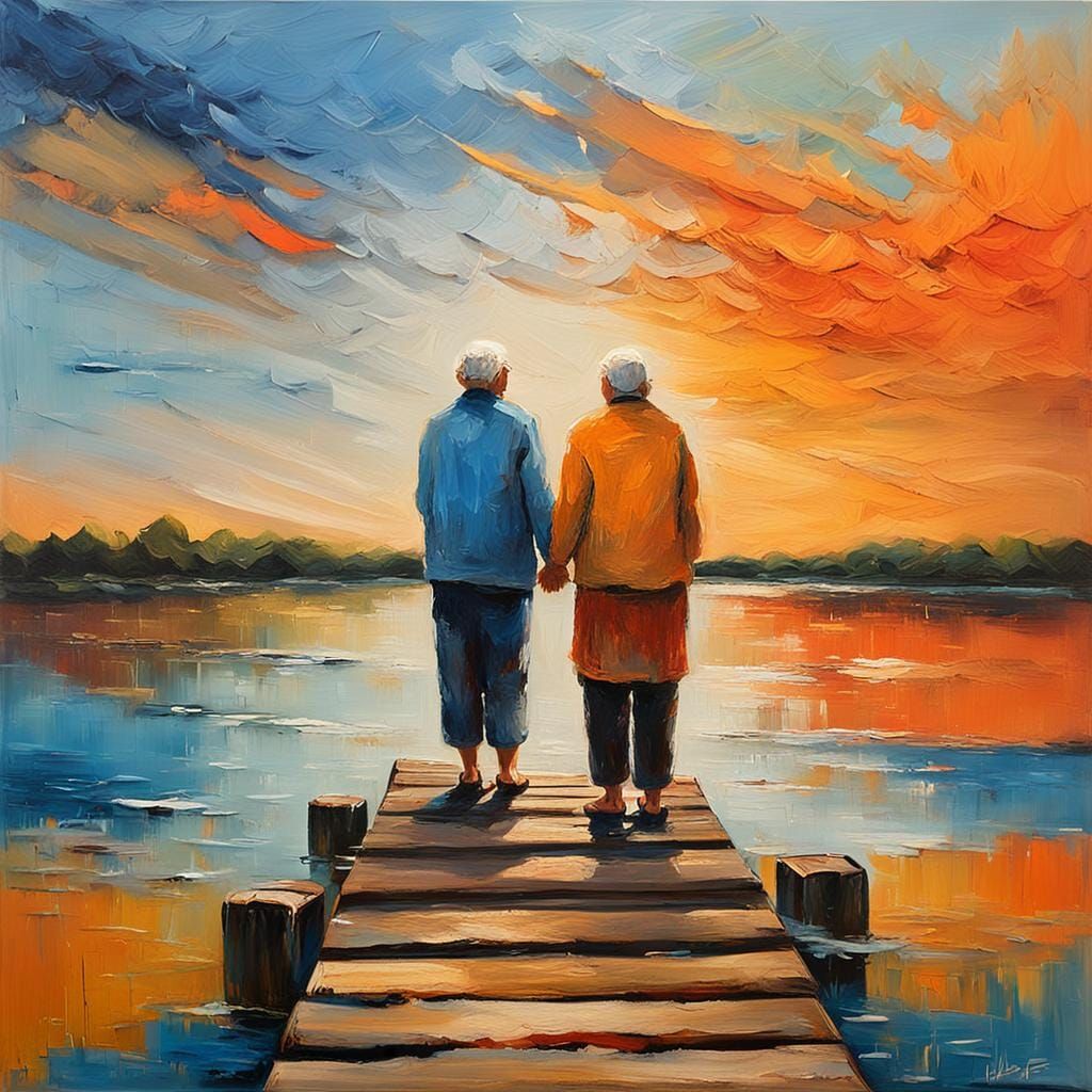 Elderly Couple at Sunset in Abstract Art Style