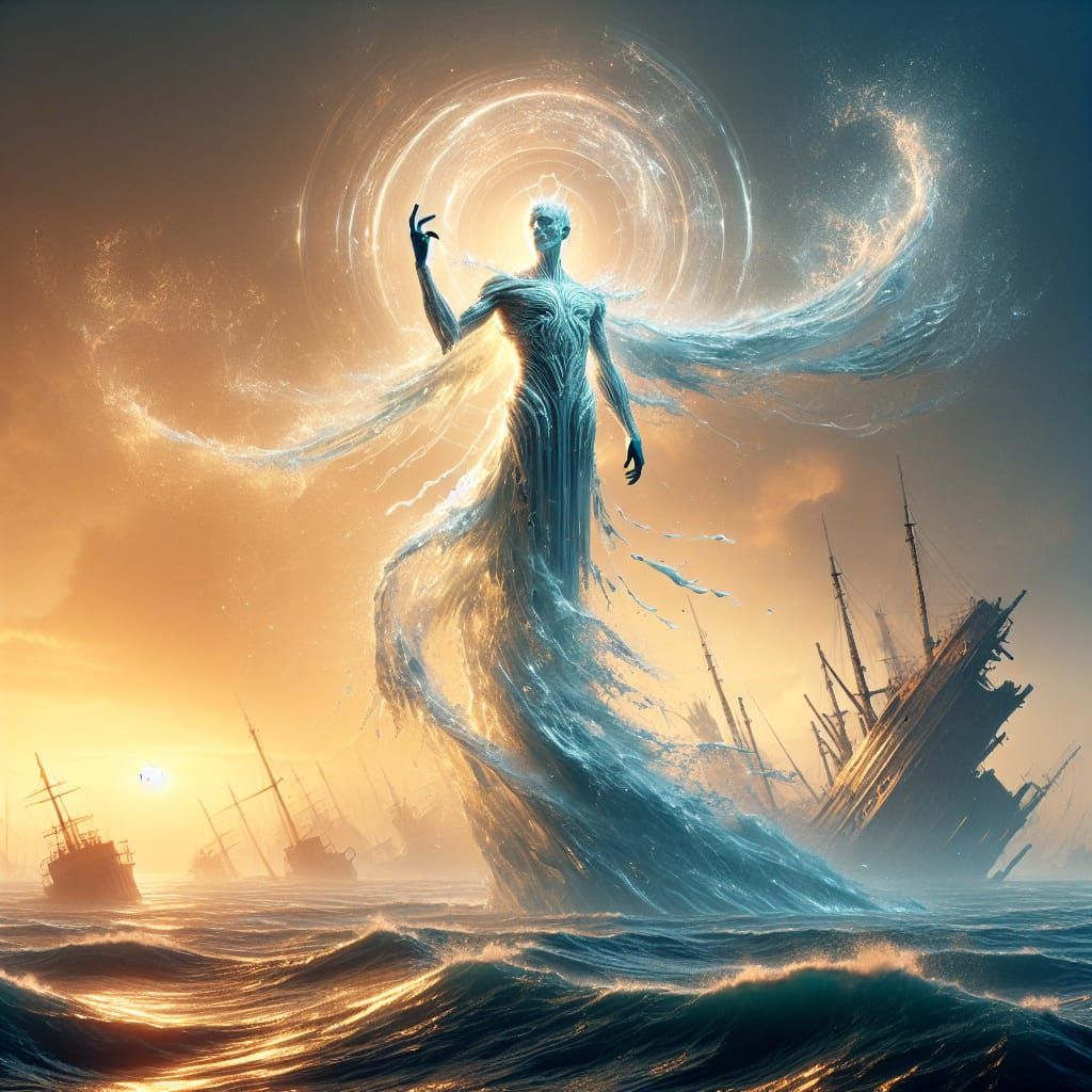 Water Deity Emerges from Golden Hour Ocean with Shipwrecks