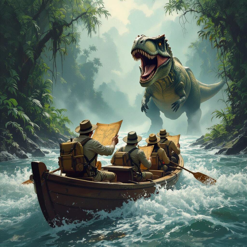 Explorers Escape T-Rex in Jungle River