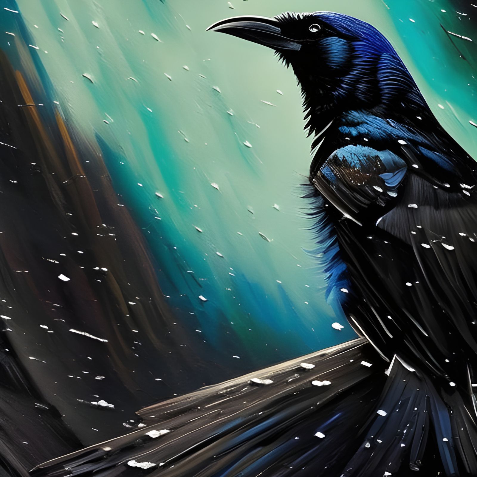 Cyberpunk Winter Raven in Impasto Style