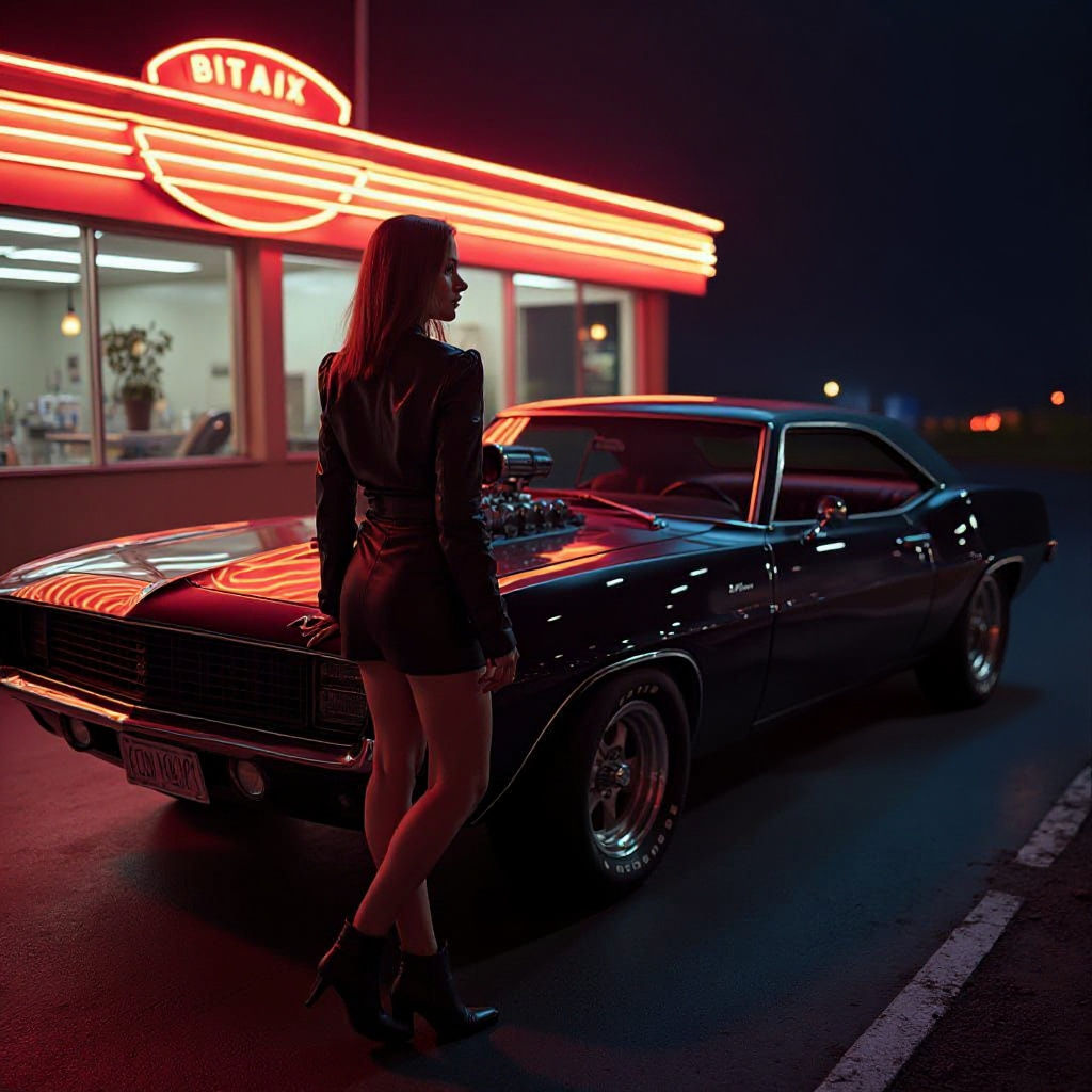 Retro Muscle Car Scene with Neon Lights
