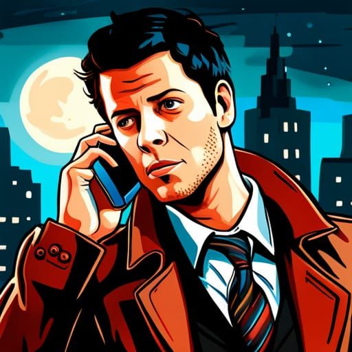 Man in Trench Coat Outside Diner, Digital Art