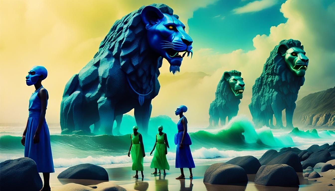 Lioness Masks and Demons: Surreal Coastal Dreamscape