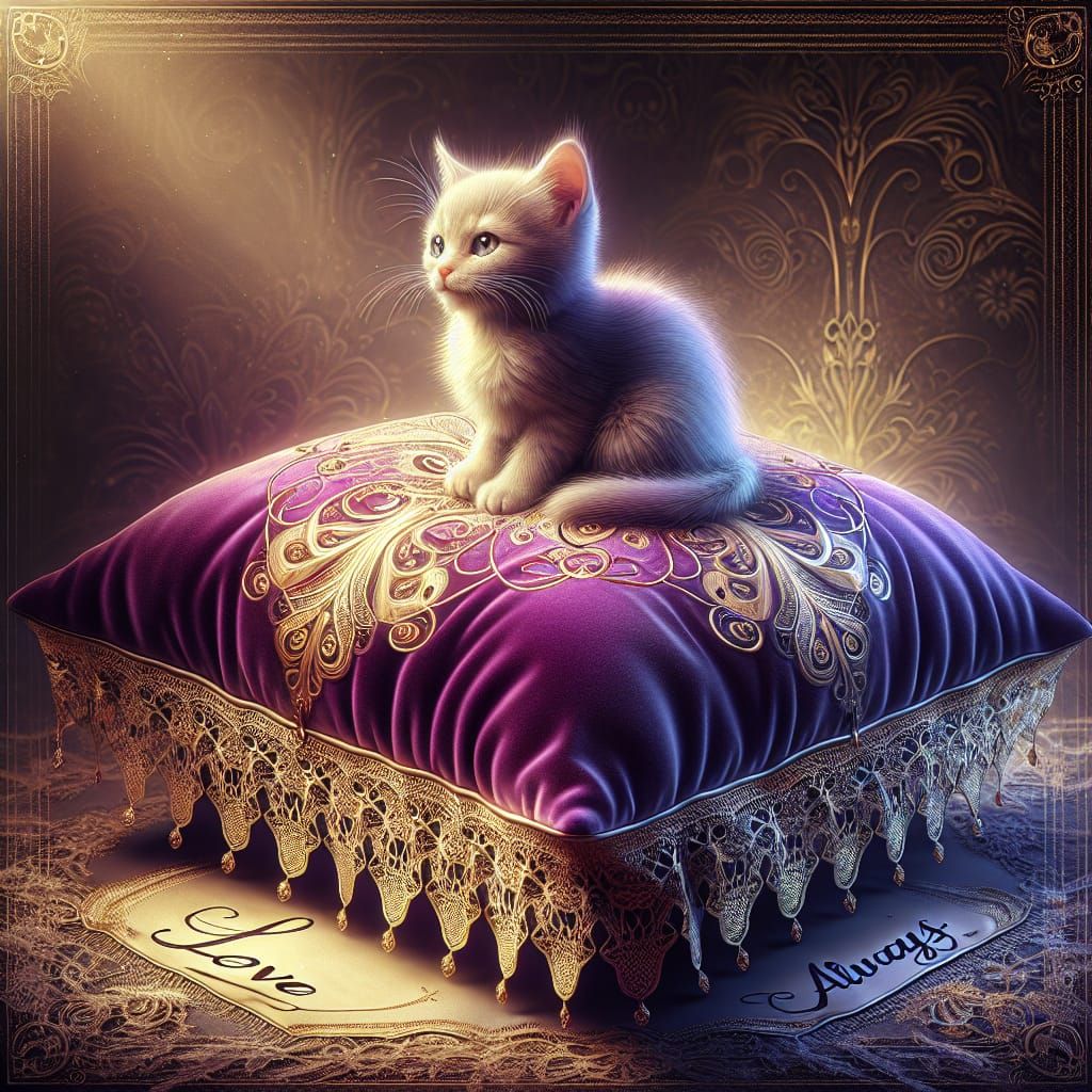 Tiny Cat Perched on Velvet Cushion in Lavish Purple with Gol...