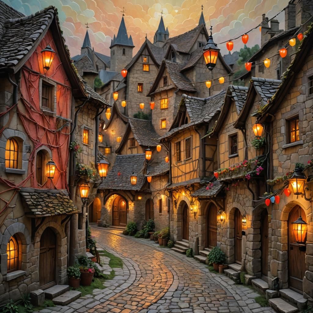 Vibrant String Art of Medieval Village