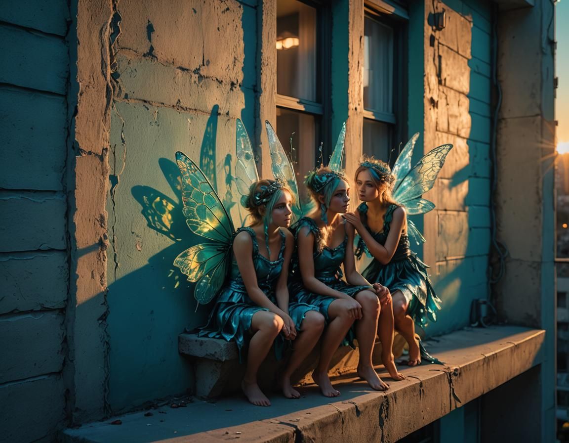 Fairies on a Ledge at Sunset: Fantasy Photography