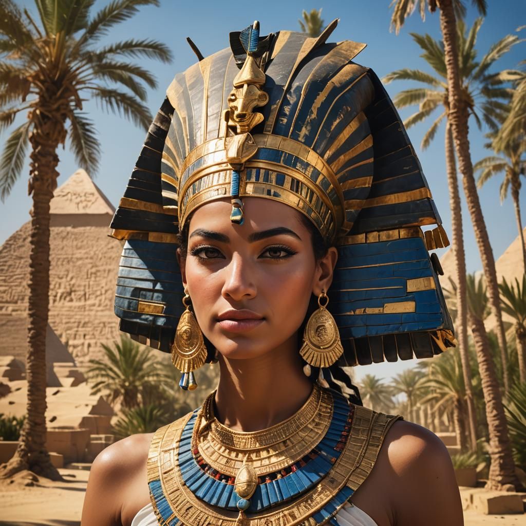 Egyptian Queen Portrait with Pyramids in Warm Light