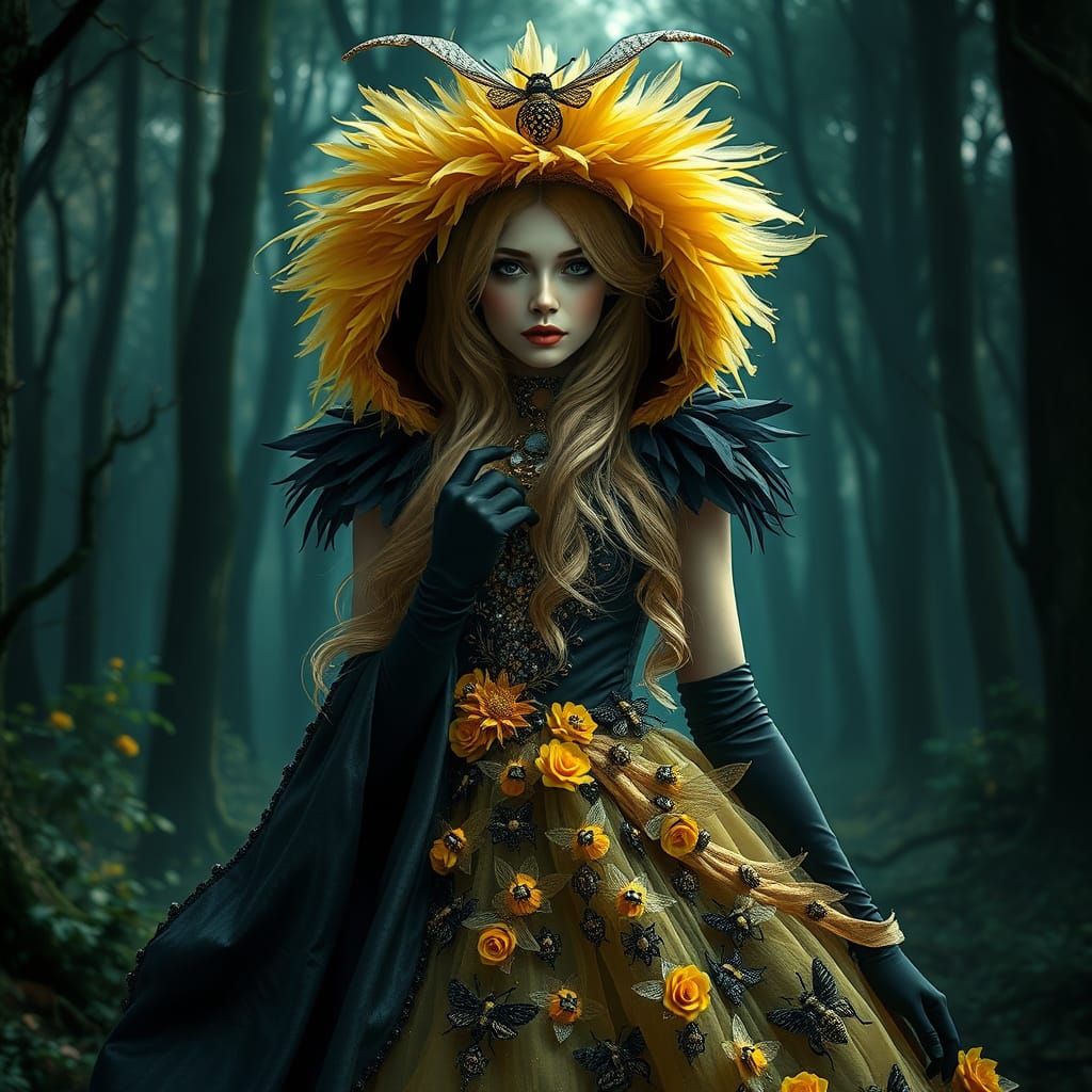 Gothic Woman in Bee Gown, Dystopian Fantasy Style