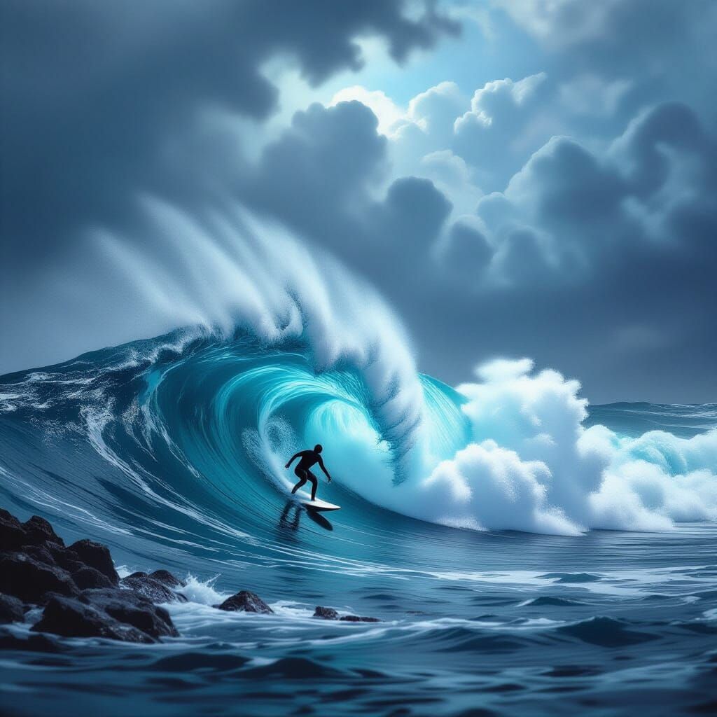 Surrealist Surfer Battles Colossal Wave Under Stormy Sky