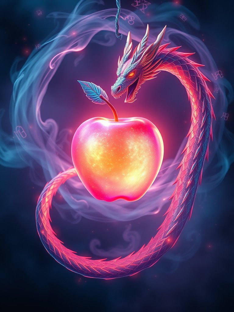 Iridescent Apple with Dragon in Ethereal Vortex
