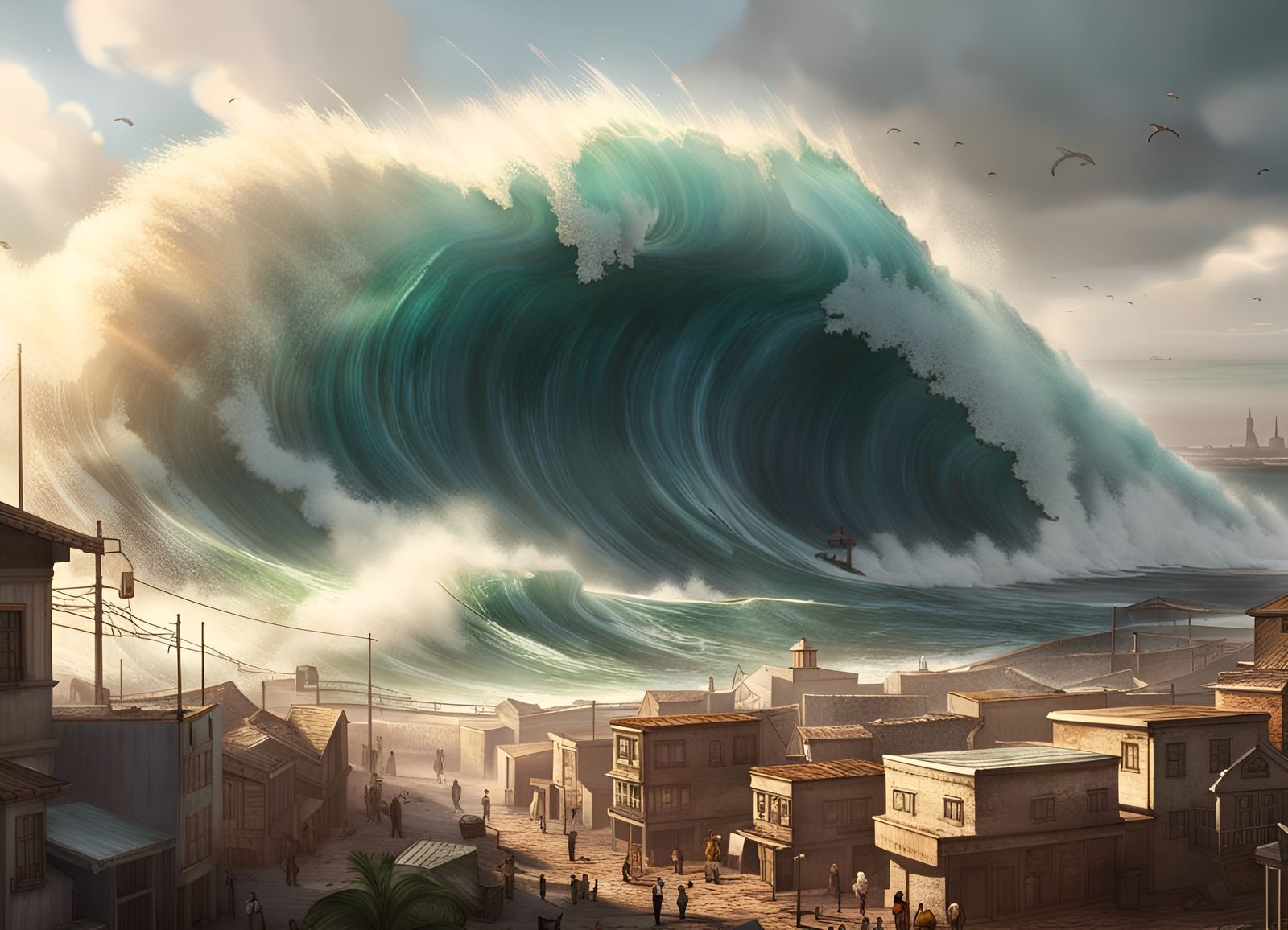 Tsunami Wave Over African Town in Digital Oil
