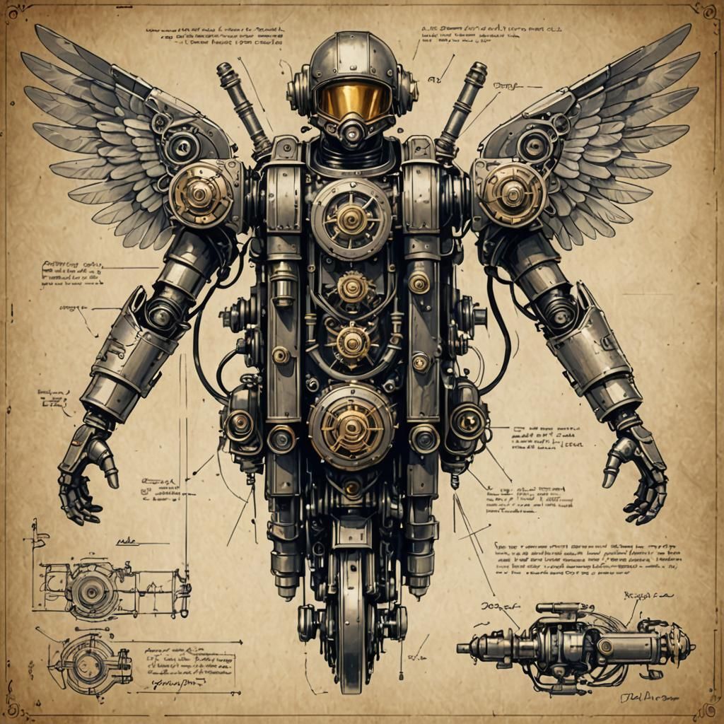 Steampunk Winged Mechanical Jetpack Blueprint Concept Art