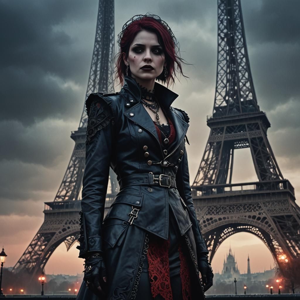 Gothic-Punk Woman near Eiffel Tower in Dark Fantasy Style