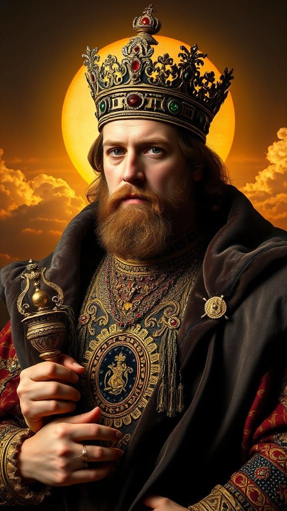 King Richard in Regal Attire against a Rising Sun