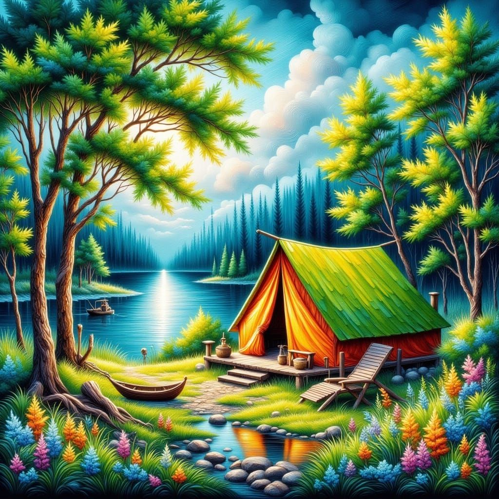 Neon Tent Camping Scene as Oil Painting