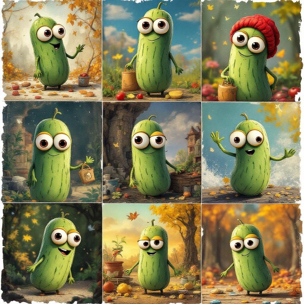 Anthropomorphic Cartoon Pickle Collage in Mixed Media
