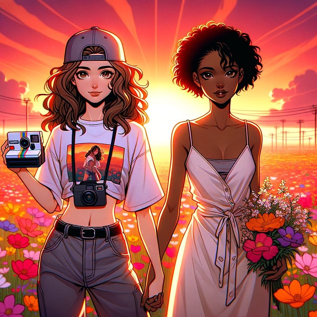 Anime-Inspired Women in Vibrant Sunset Field