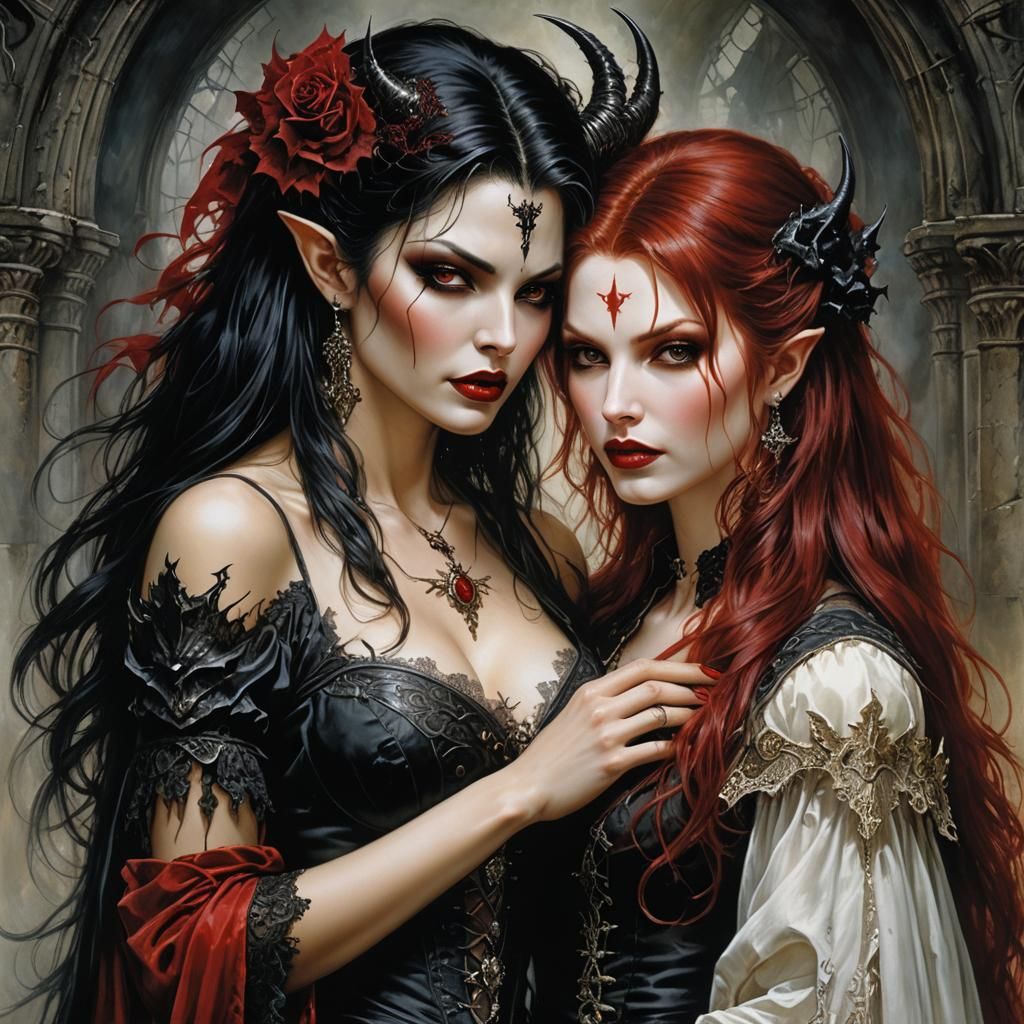Lady Demoness and Vampire in Romantic Gothic Style
