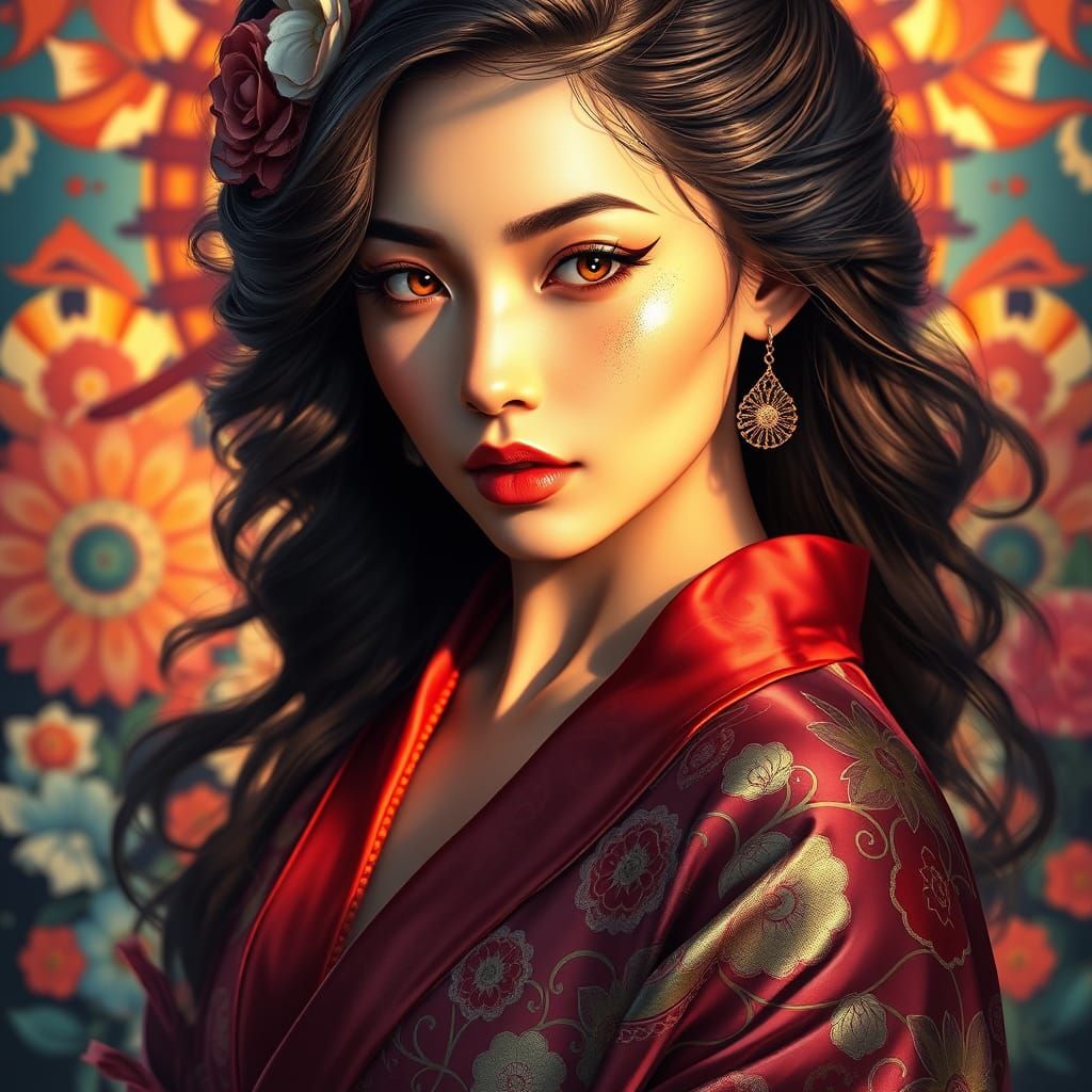 Elegant Woman in Silk Kimono Portrait