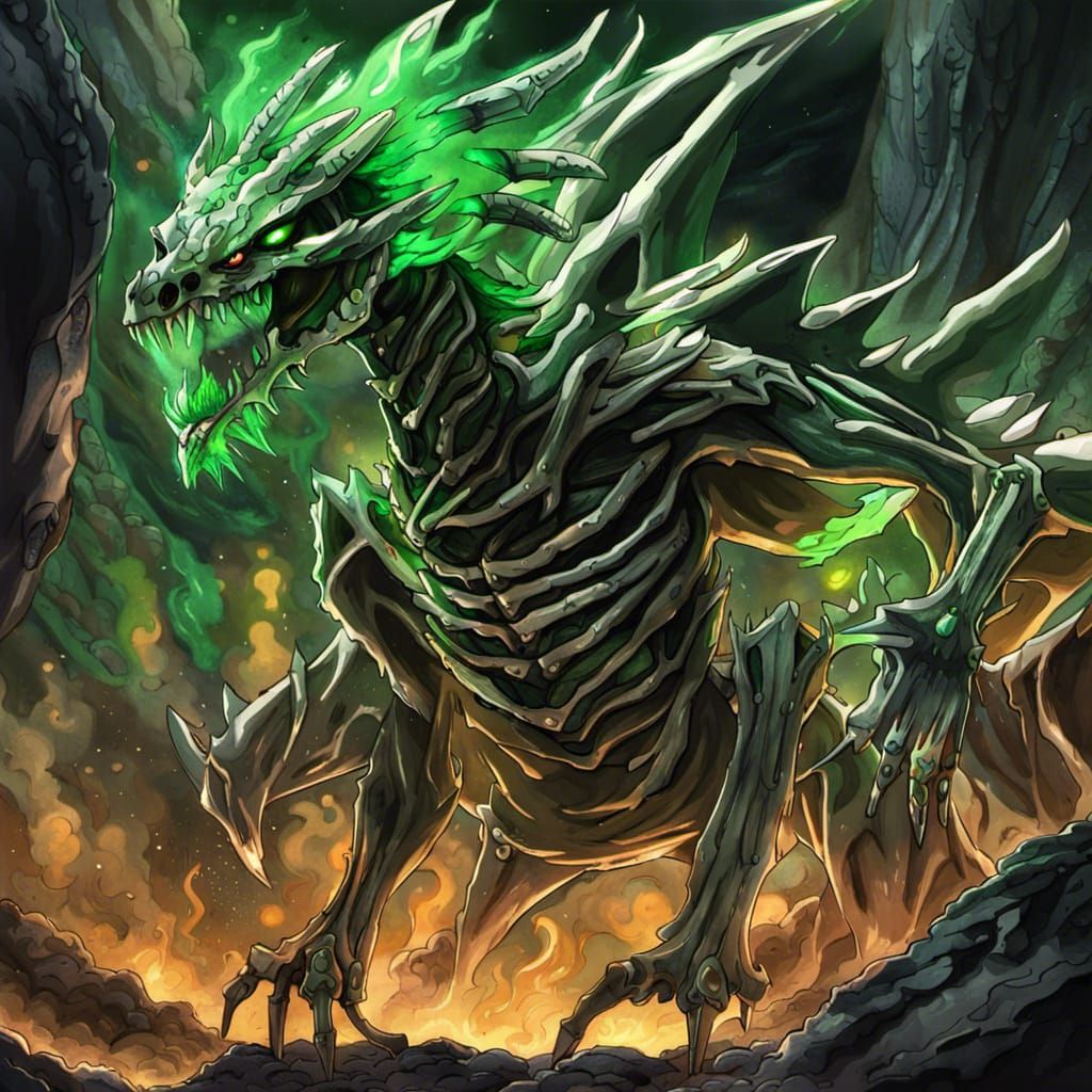 Green Flame Skeleton Dragon in Anime Style