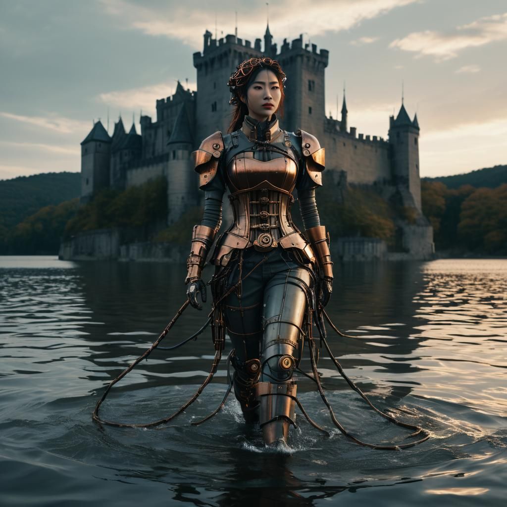 Steampunk Cyborg Walks Sunken Castle Wall