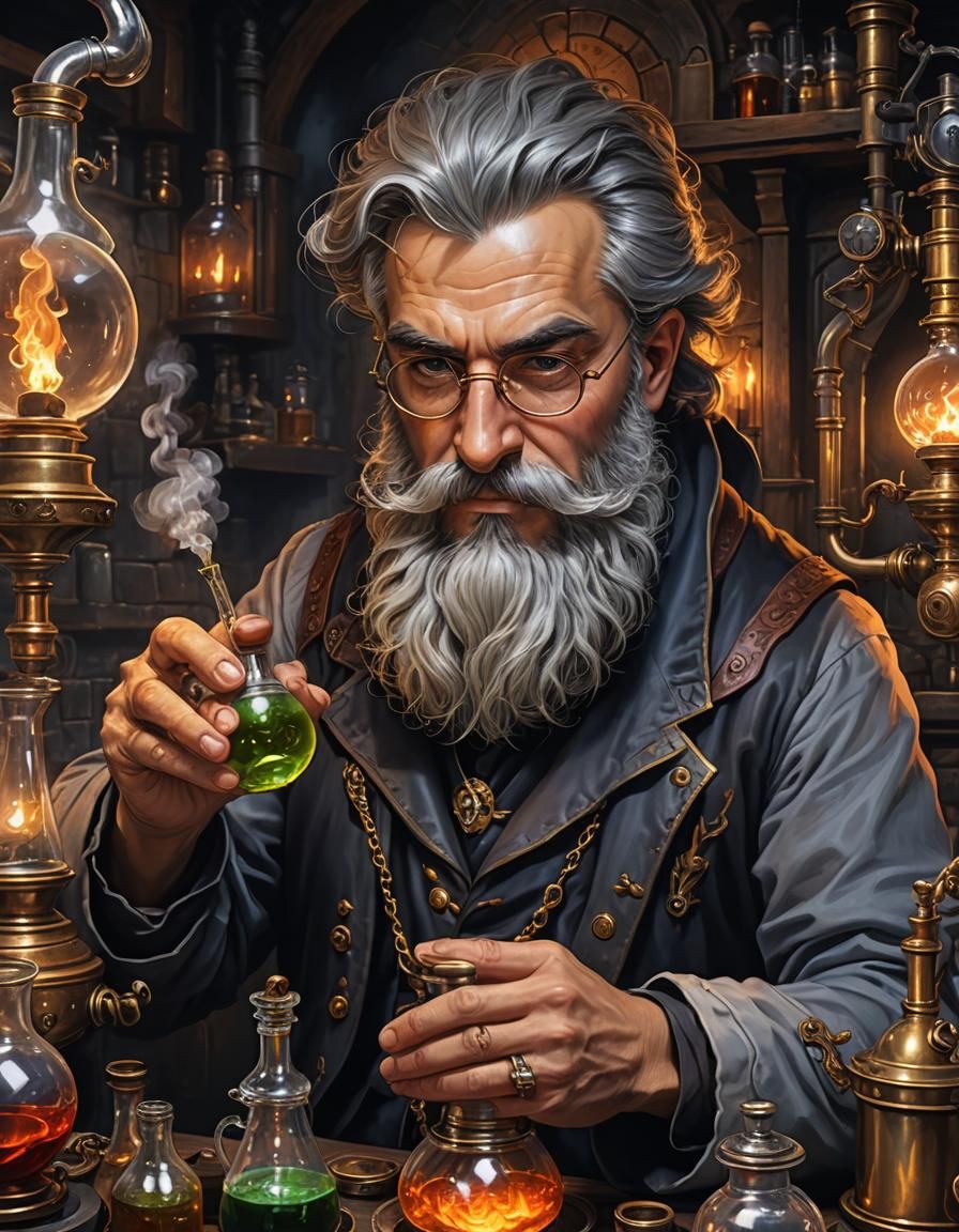 Alchemist Mixing Potions in Dark Fantasy Style