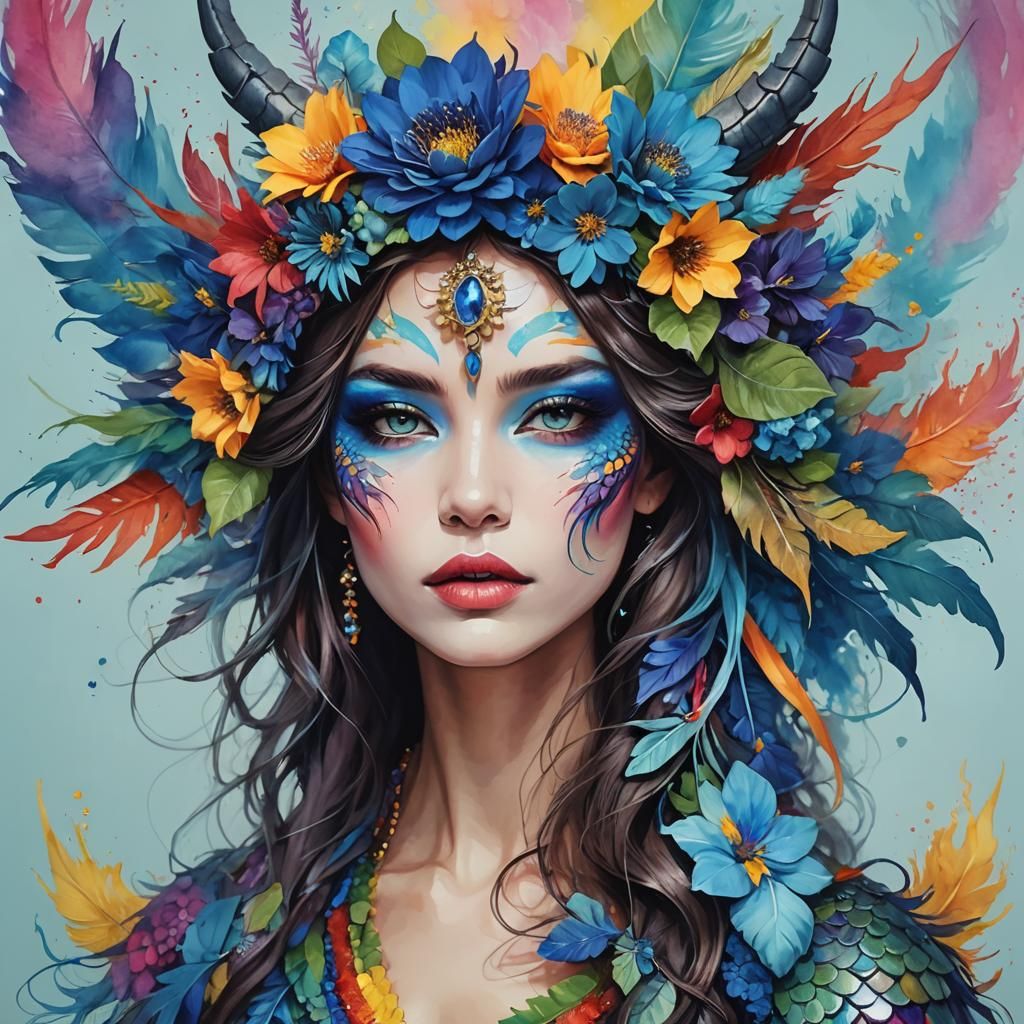 Rainbow Dragon Woman with Flower Crown: Abstract Art
