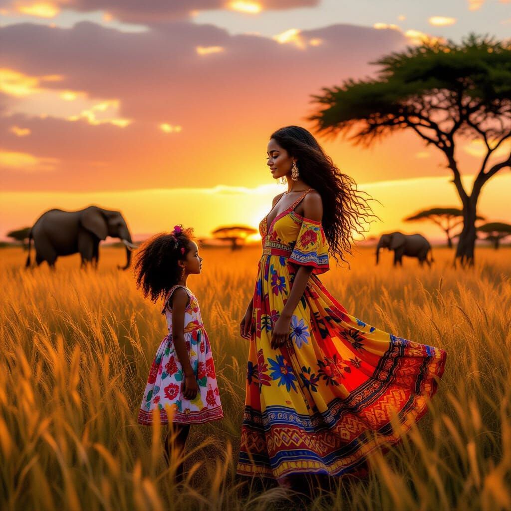 Woman and Girl in Golden Savannah Sunset
