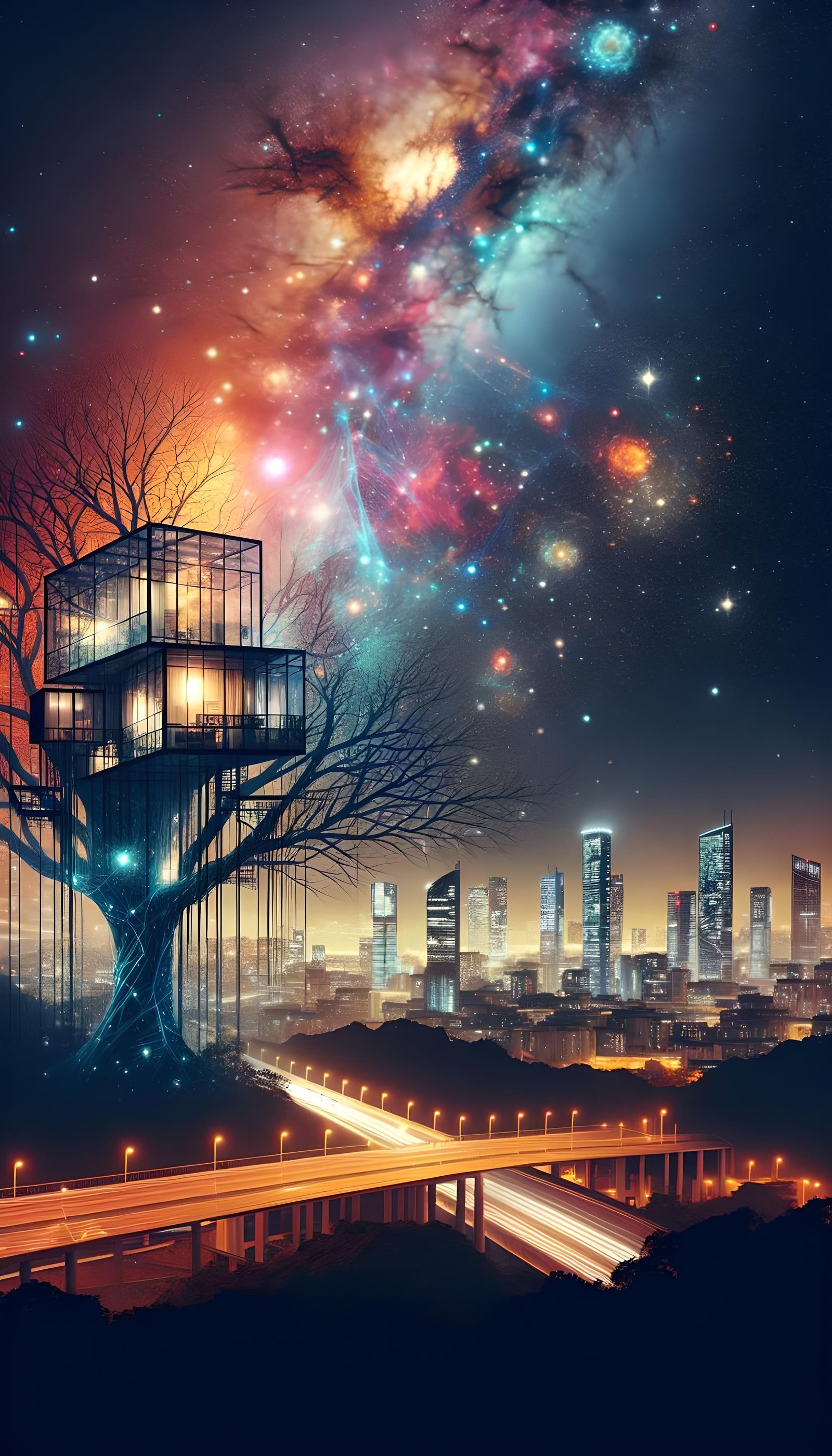 Double Exposure: Tree House Meets Cityscape in Vibrant Hues