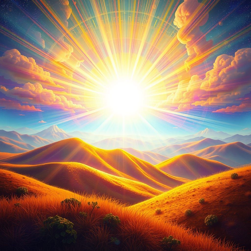 Radiant Light on Serene Hills in Cosmic Illustration Style