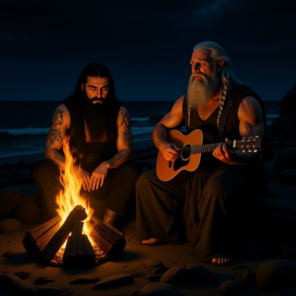 Dark Wizard Meditates by Fire on Serene Coast