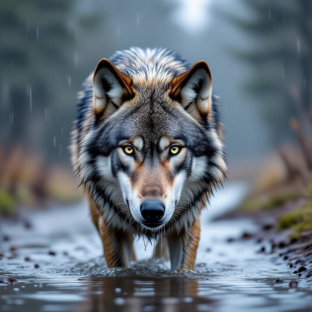 Realistic Wolf Portrait in Rain