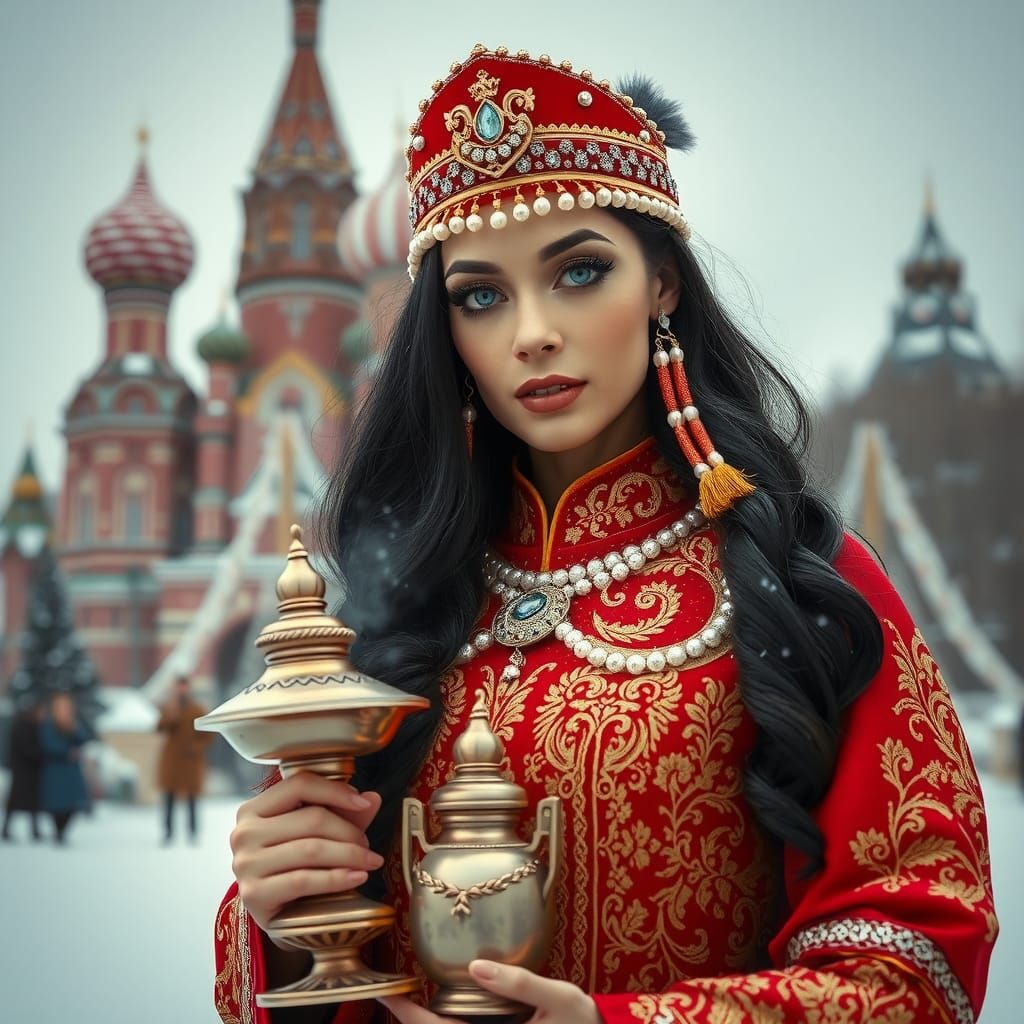 Regal Woman with Samovar in Snowy Kremlin