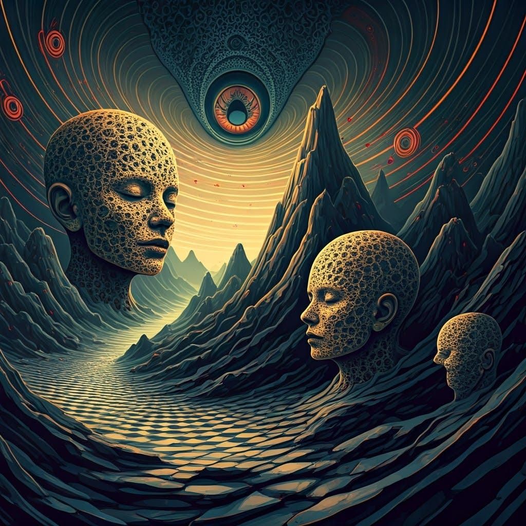 Surreal Cybernetic Heads in a Fractal Landscape