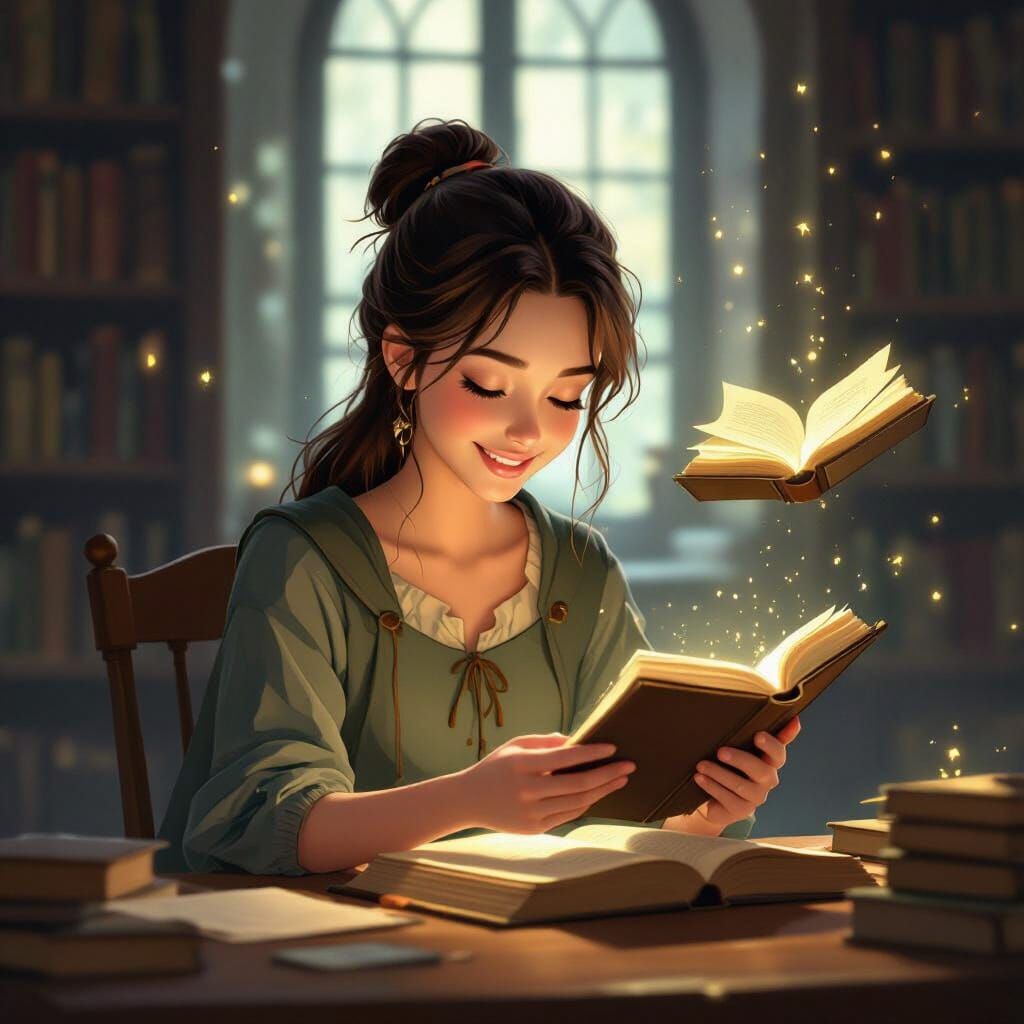 Young Woman Mends Book in Magical Ghibli-Style Library