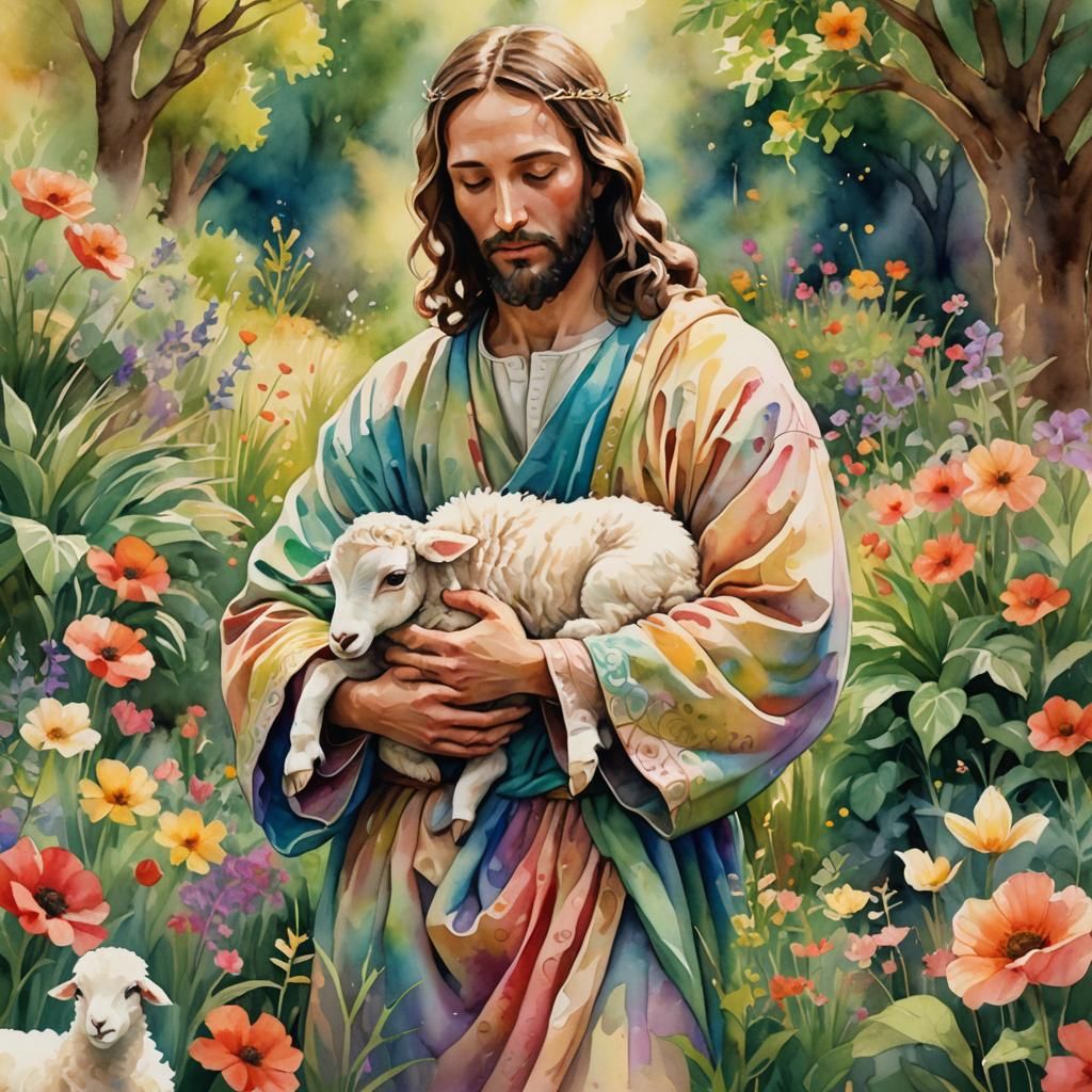 Jesus Cradling Lamb in Garden: Watercolor Digital Art