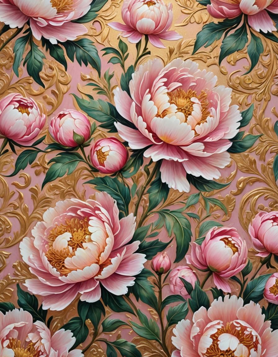 Gold Baroque Design with Pastel Pink Peonies