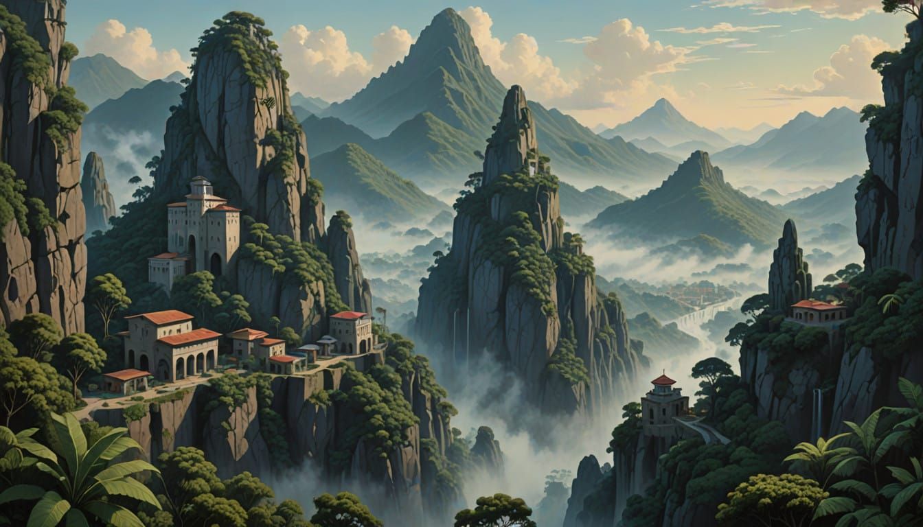 Ancient Mountain Metropolis in Muted Earthy Hues