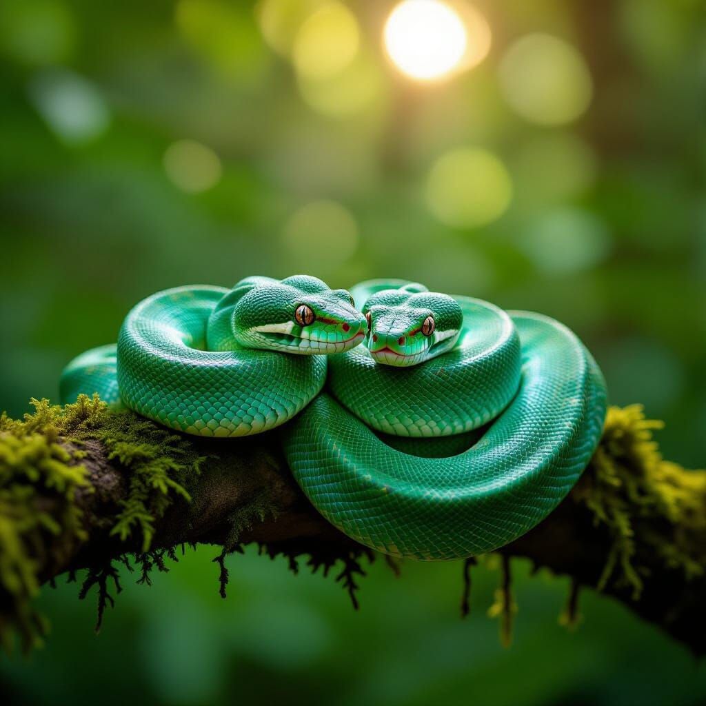 Emerald Tree Boas Coiled on Mossy Branch