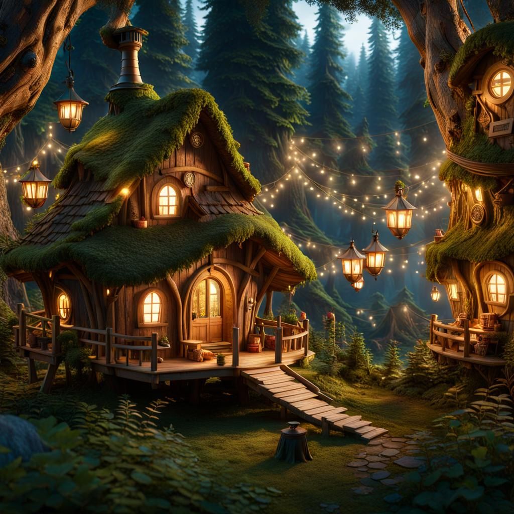 Enchanted Forest Camping Scene with Treehouses